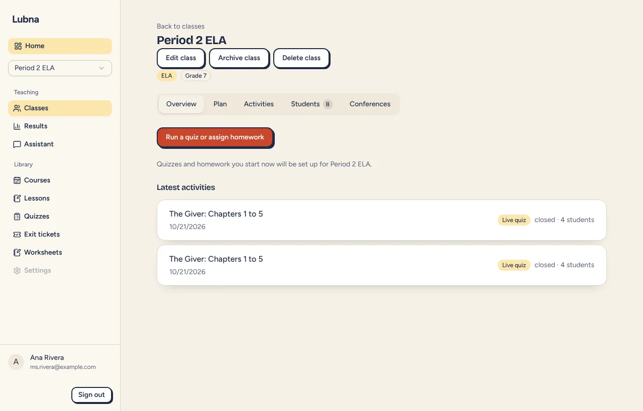 A class page on the Overview tab, with Overview, Plan, Activities, Students and Conferences tabs