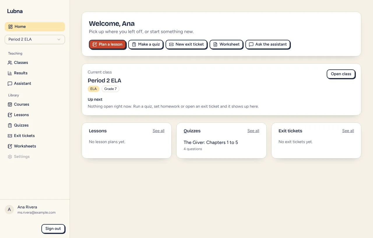 Dashboard home with quick actions, the current class and recent quizzes