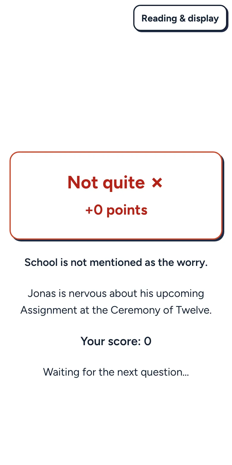The feedback screen after a wrong answer, with a short note about why