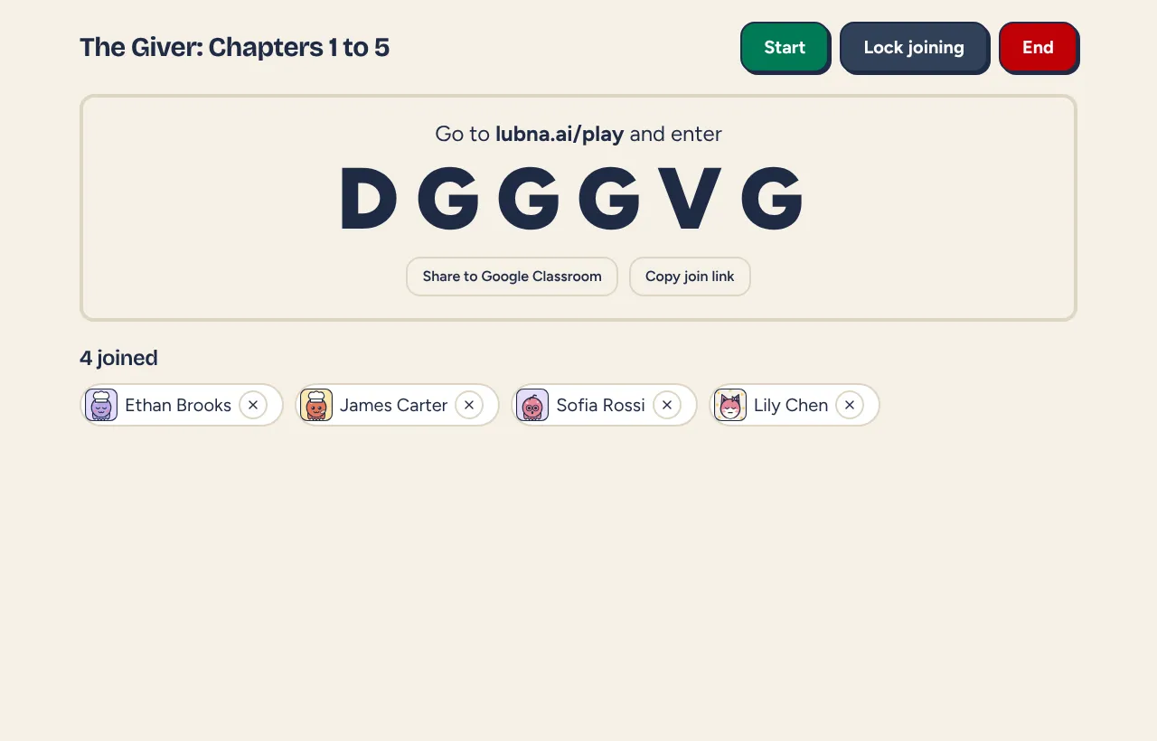 The host lobby with the join code in large type, Share to Google Classroom, Copy join link and four students who have joined
