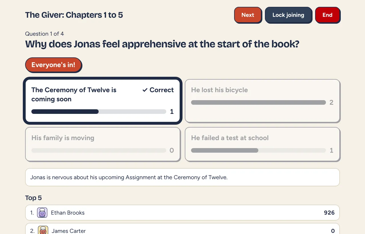 The host screen after a question closes: the correct answer, answer counts, the explanation and the top 5