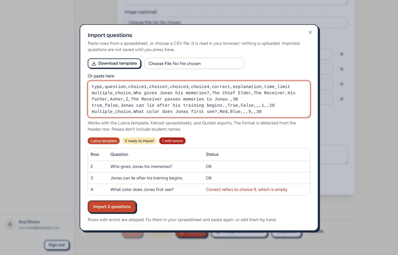 The Import questions dialog showing two rows ready to import and one row with an error