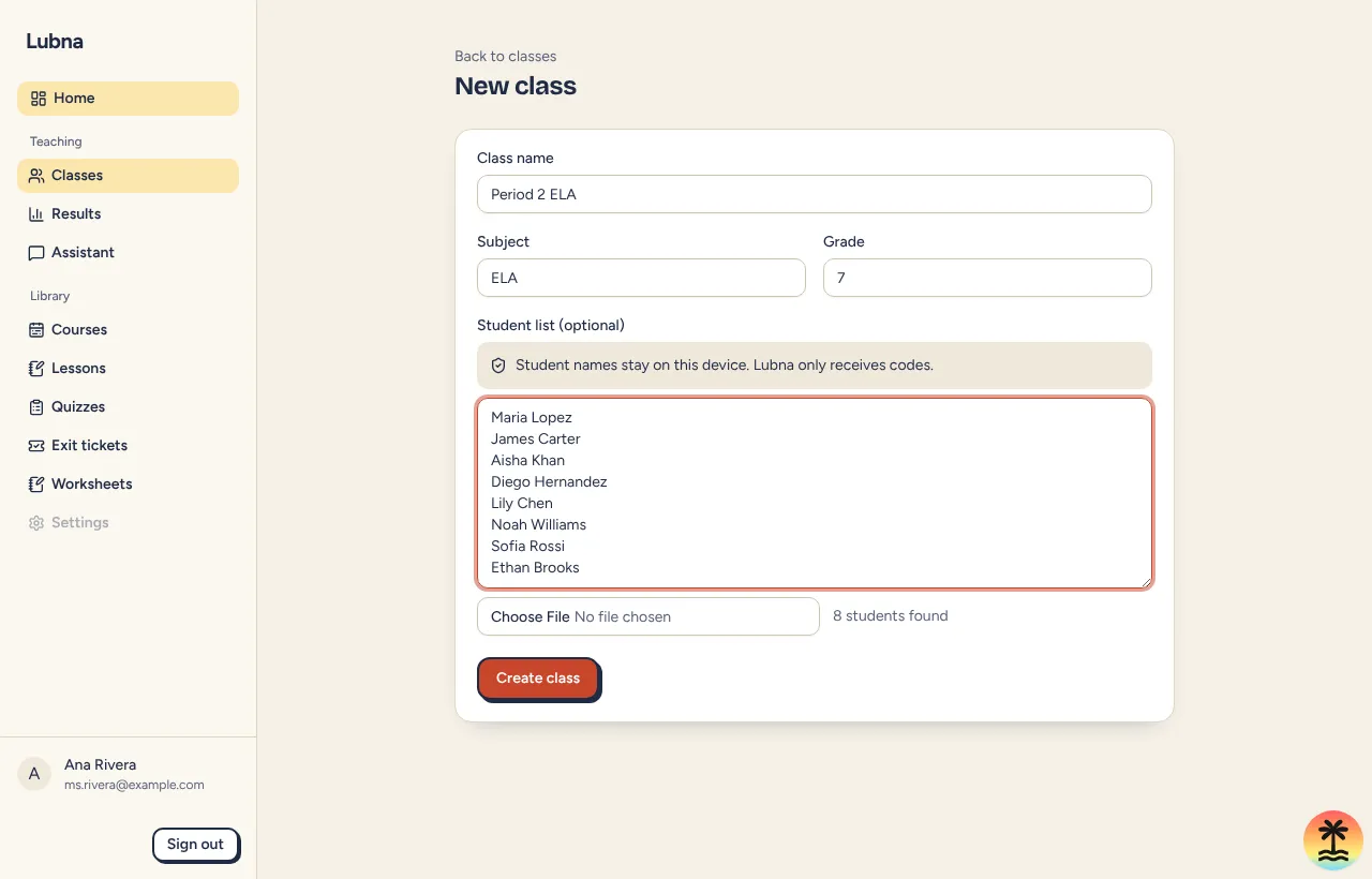 The New class form with a pasted list of eight student names