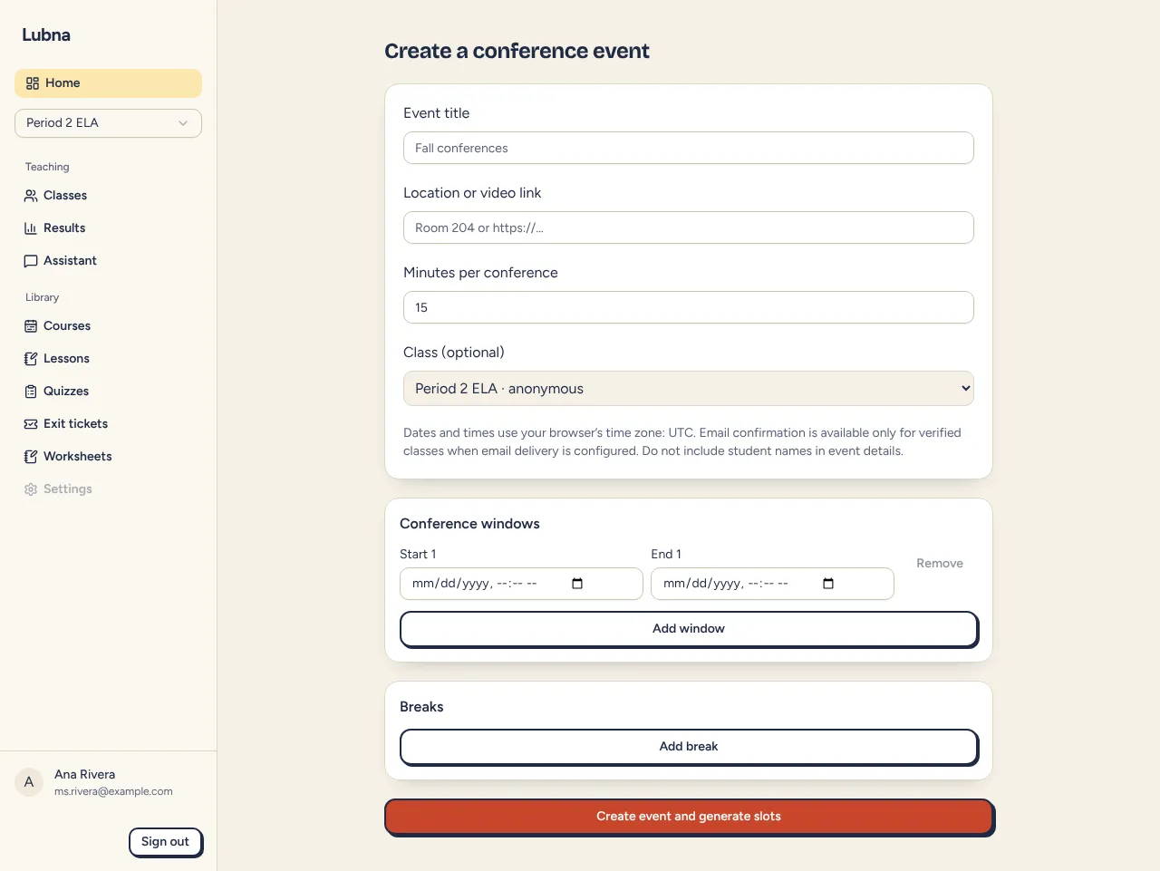 The form for creating a conference event