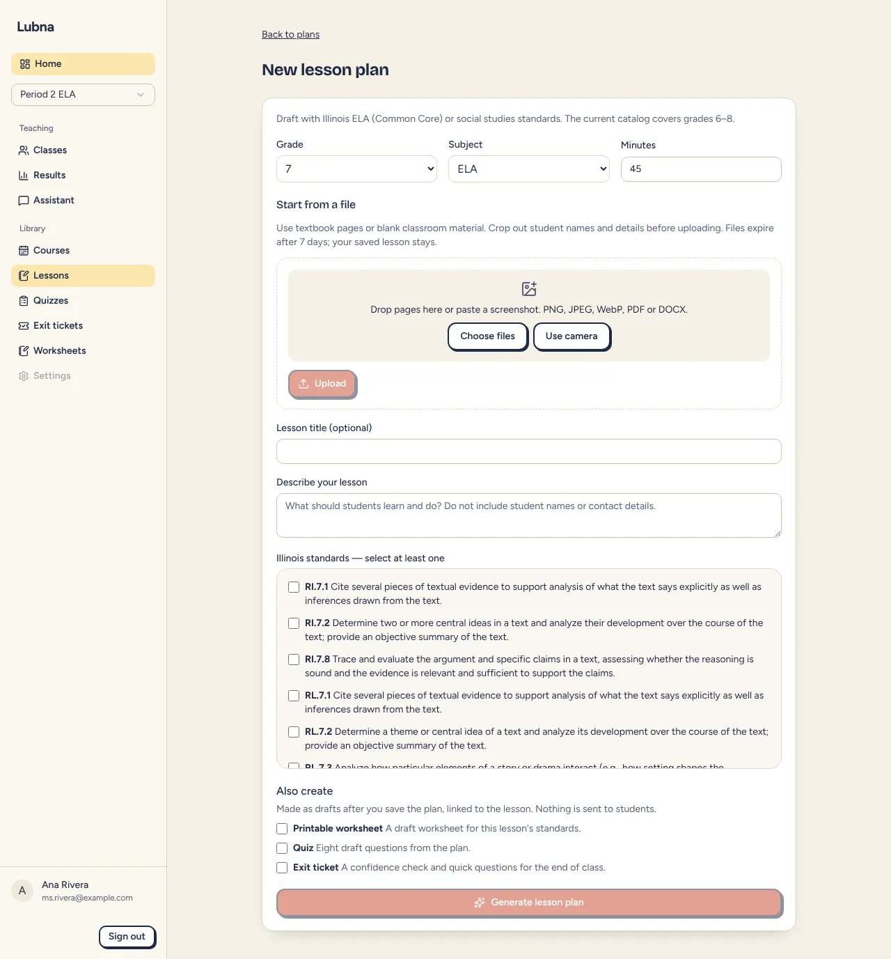 The New lesson plan form with grade, subject, a file drop area, standards and Also create options