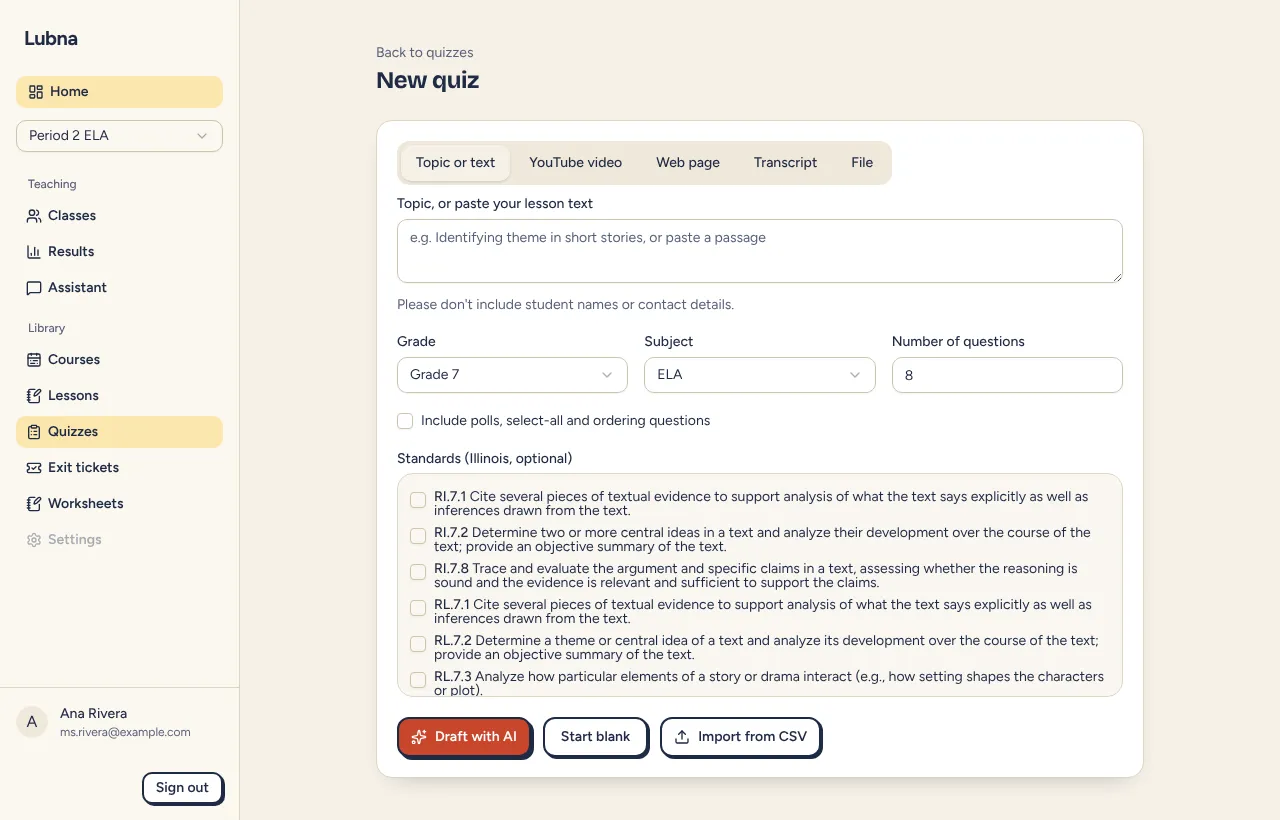 The New quiz page with the ways to start a quiz