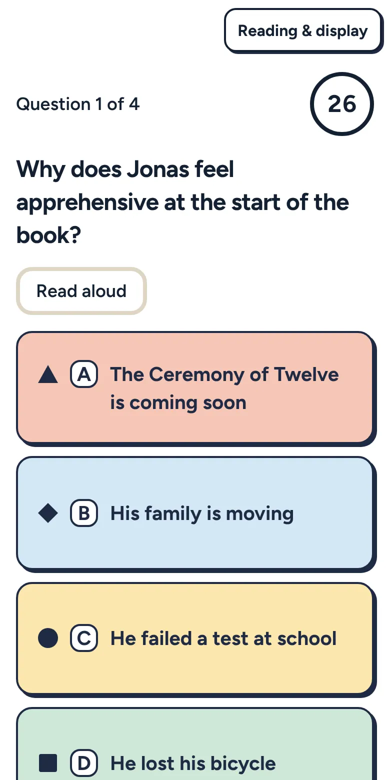 A quiz question on a phone with four colored answer choices, each with a shape and a letter