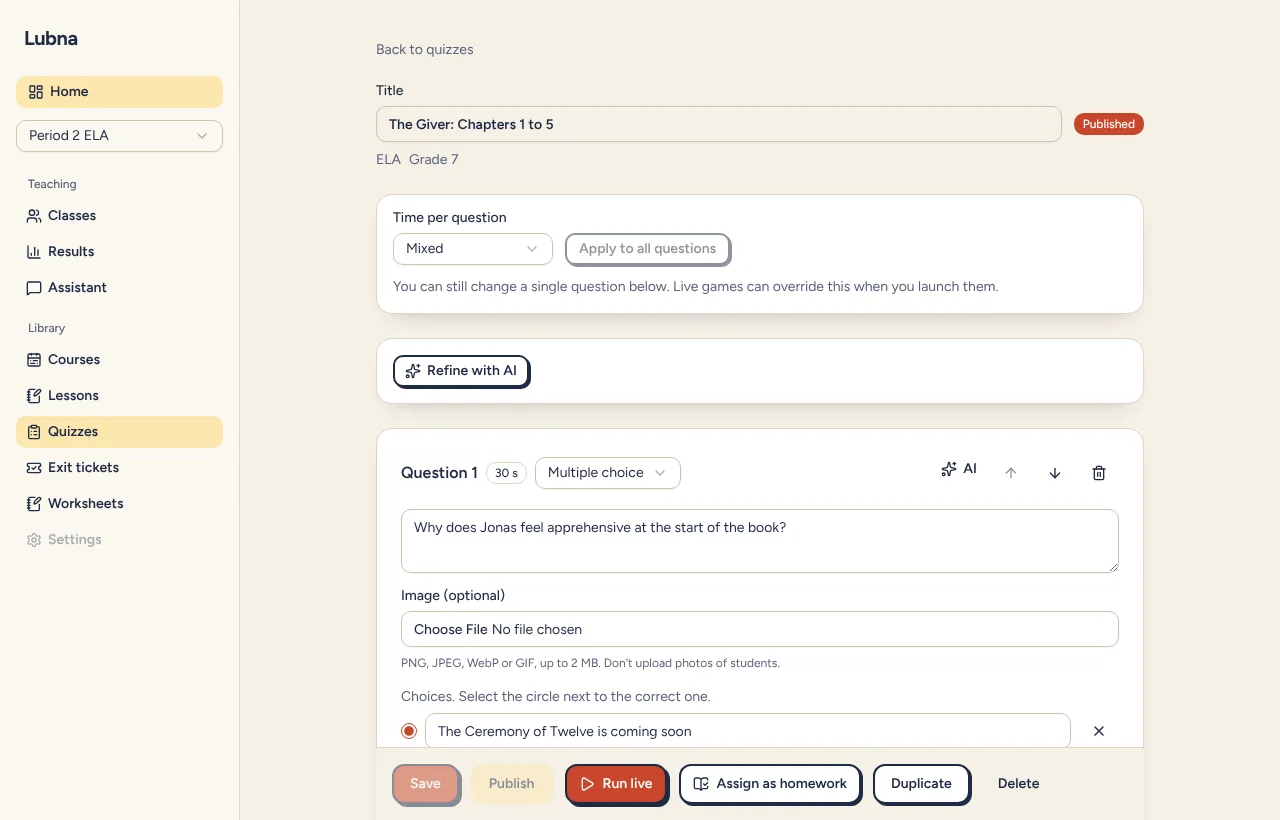 The quiz editor for a saved quiz, with its questions and the Save, Publish, Run live and Assign as homework buttons
