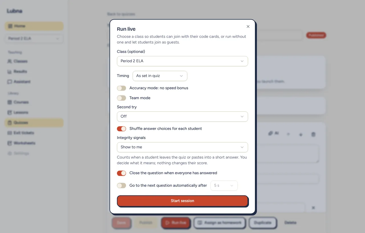 The Run live dialog with a class picked and the session options