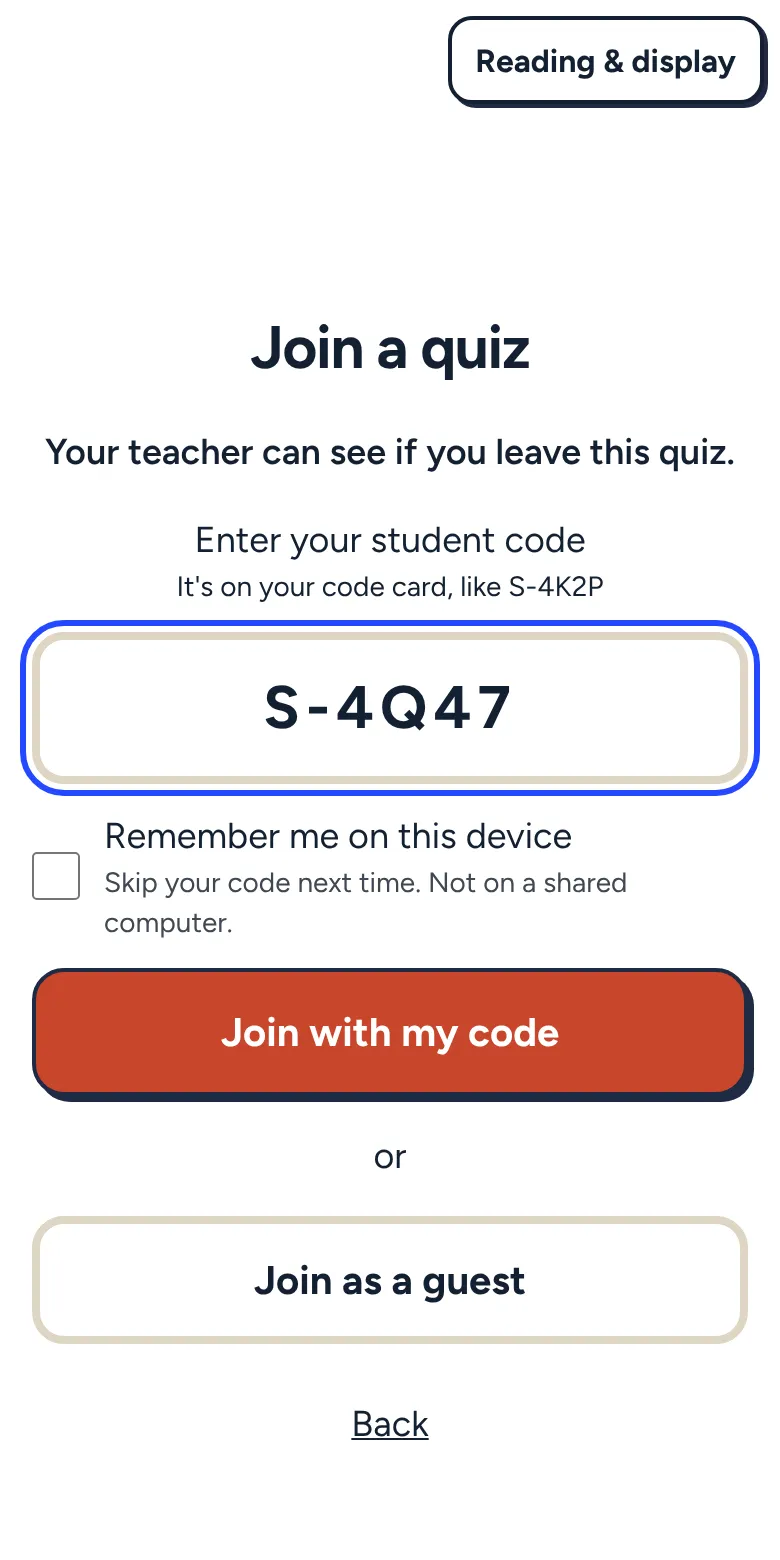 The join screen on a phone asking for your student code