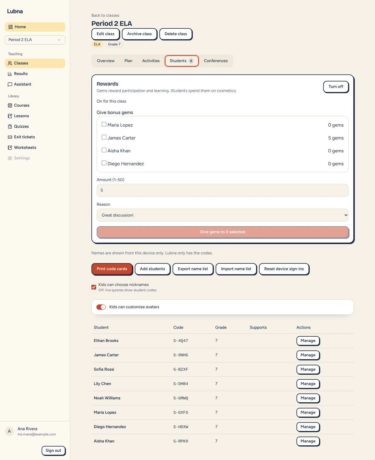 The Students tab with rewards, code card and name list buttons, class settings and the roster table