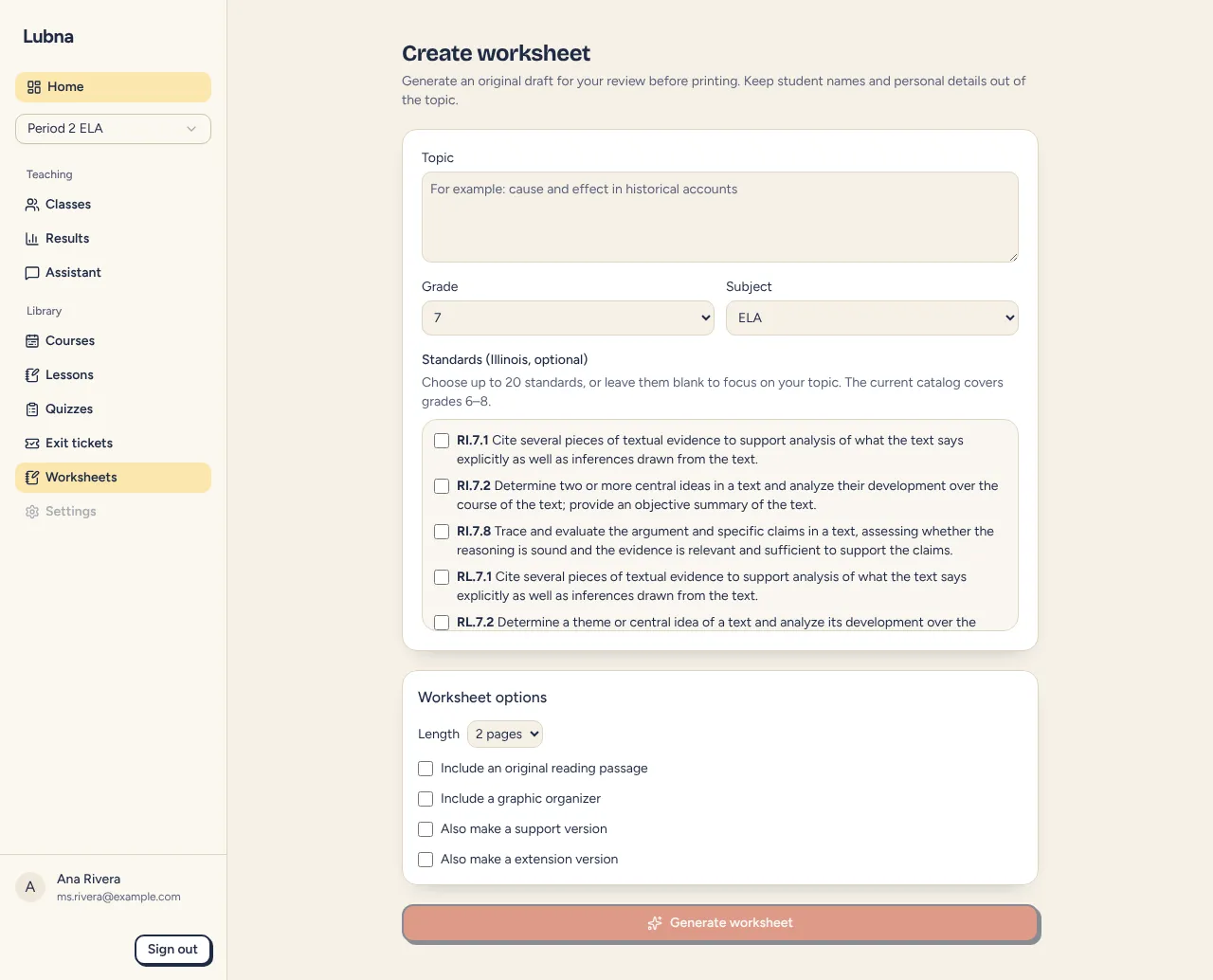 The new worksheet page